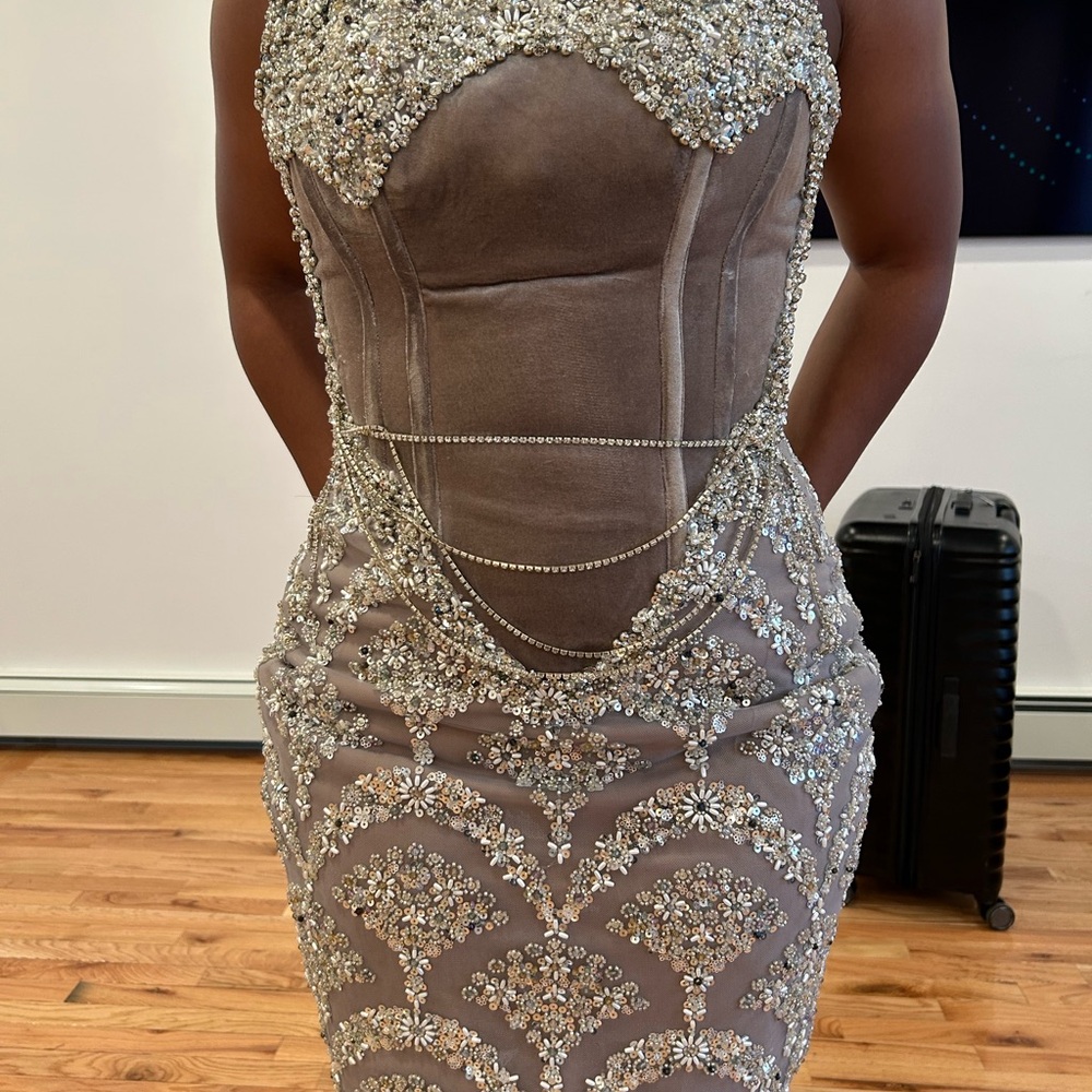 Embellished Taupe Evening Dress with Beaded Detail